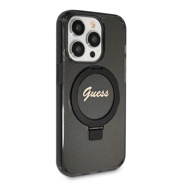 Guess iPhone 15 Pro Max Kuori Sormusteline Glitter MagSafe Musta
