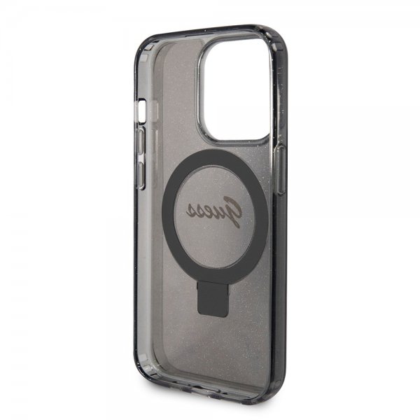 Guess iPhone 15 Pro Max Kuori Sormusteline Glitter MagSafe Musta