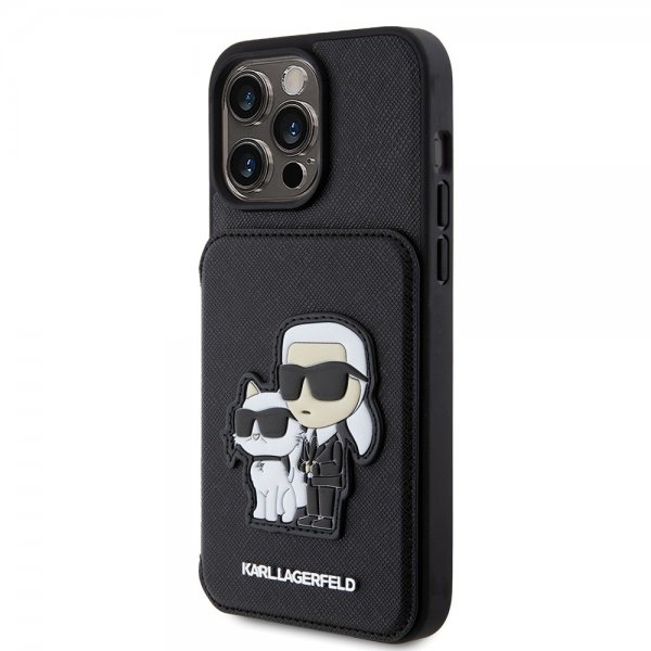 Karl Lagerfeld iPhone 15 Pro Max Suojakuori Saffiano Korttipaikat & Teline Musta