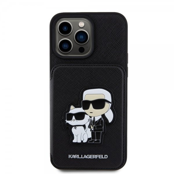 Karl Lagerfeld iPhone 15 Pro Max Suojakuori Saffiano Korttipaikat & Teline Musta