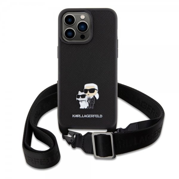 Karl Lagerfeld iPhone 15 Pro Max Saffiano Karl & Choupette Crossbody -suojakuori, musta