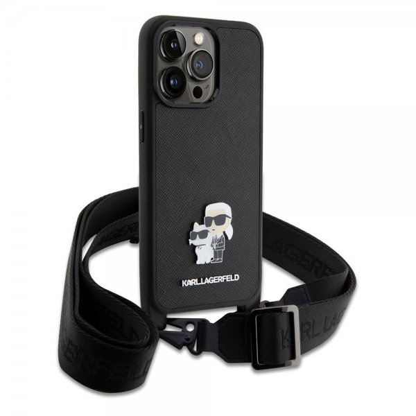 Karl Lagerfeld iPhone 15 Pro Max Saffiano Karl & Choupette Crossbody -suojakuori, musta