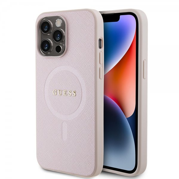 Guess iPhone 15 Pro Max Saffiano MagSafe -kuori, vaaleanpunainen