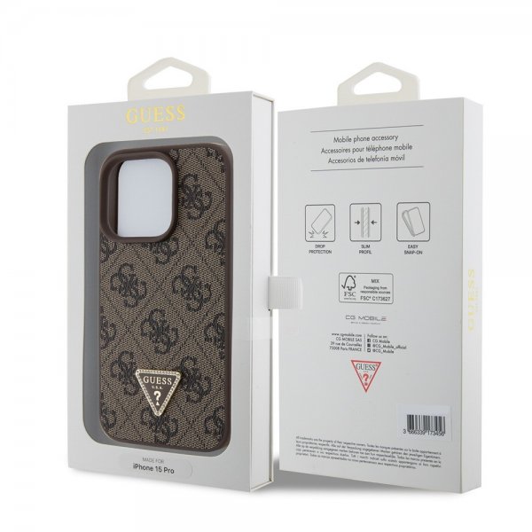 Guess iPhone 15 Pro -suojakuori 4G Metal Triangle Strass - ruskea