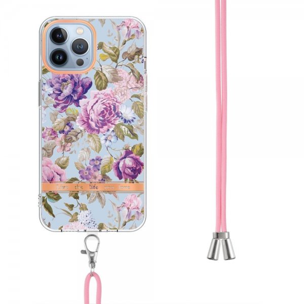 iPhone 15 Pro Kuori Kukkakuviointi hihnalla, violetti pioni