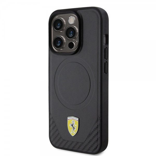 Ferrari iPhone 15 Pro -suojakuori, hiilikuituinen PU-nahka, MagSafe, musta