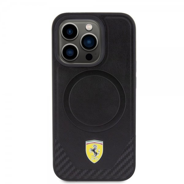 Ferrari iPhone 15 Pro -suojakuori, hiilikuituinen PU-nahka, MagSafe, musta