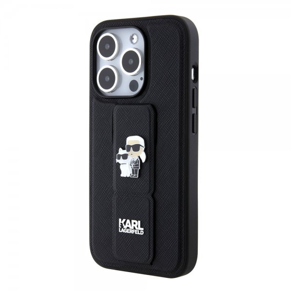 Karl Lagerfeld iPhone 15 Pro -suojakuori jalustalla, musta