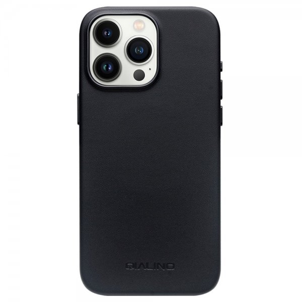 Qialino iPhone 15 Pro -kuori, keinonahkaa, MagSafe, musta