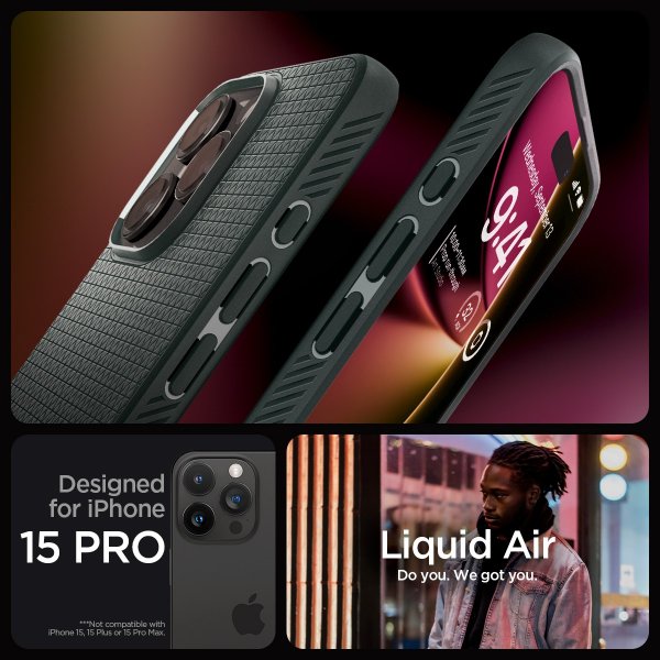 Spigen iPhone 15 Pro -suojakuori Liquid Air Abyss Green