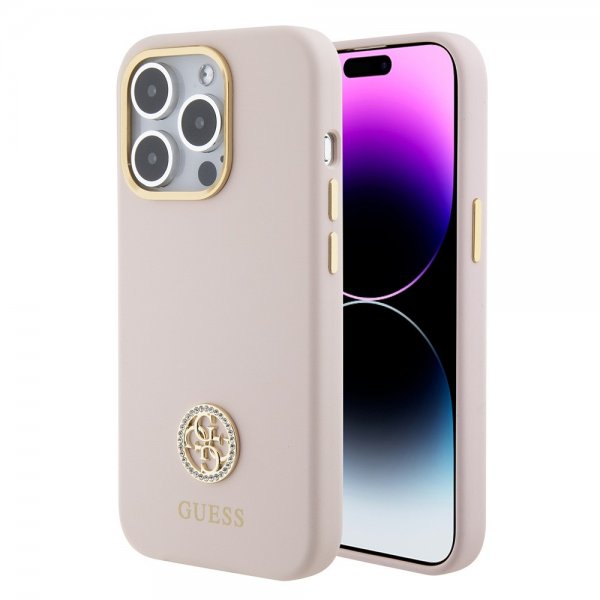 Guess iPhone 15 Pro -kuori, nestemäinen silikoni, metallinen logo, vaaleanpunainen