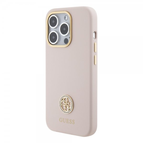 Guess iPhone 15 Pro -kuori, nestemäinen silikoni, metallinen logo, vaaleanpunainen