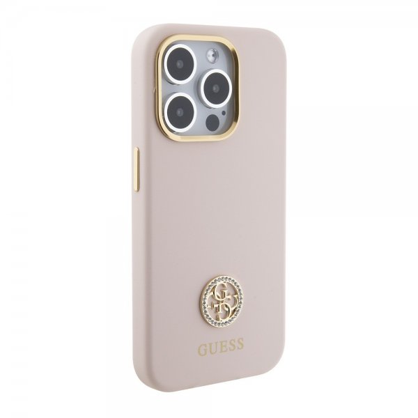 Guess iPhone 15 Pro -kuori, nestemäinen silikoni, metallinen logo, vaaleanpunainen