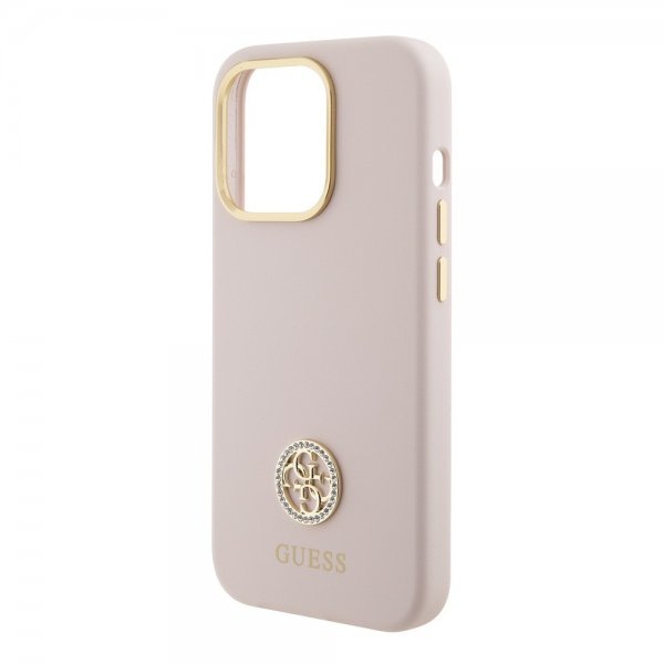 Guess iPhone 15 Pro -kuori, nestemäinen silikoni, metallinen logo, vaaleanpunainen
