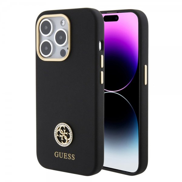 Guess iPhone 15 Pro -kuori, Liquid Silicone, Metal Logo, musta