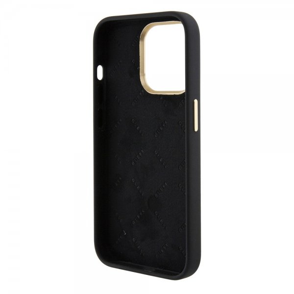 Guess iPhone 15 Pro -kuori, Liquid Silicone, Metal Logo, musta
