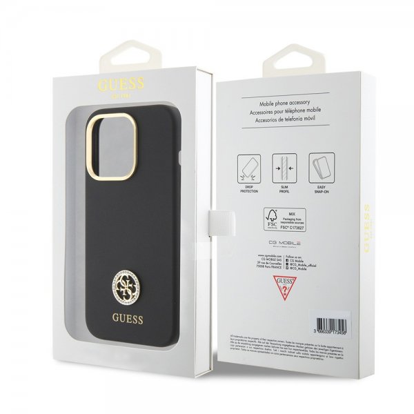 Guess iPhone 15 Pro -kuori, Liquid Silicone, Metal Logo, musta