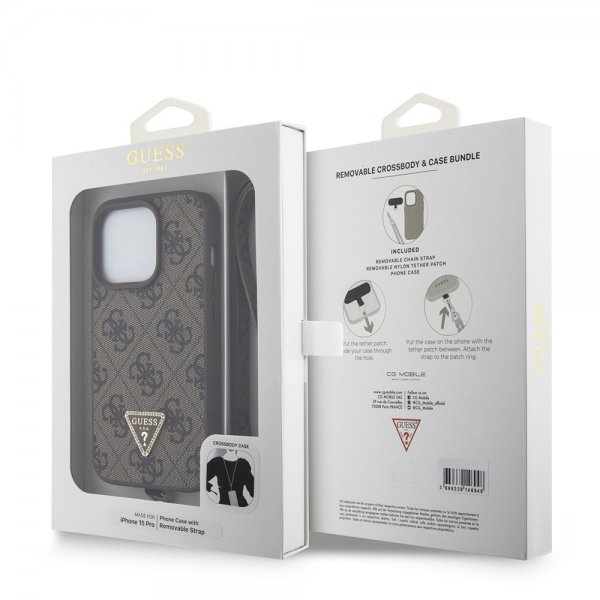 Guess iPhone 15 Pro Kuoret Metal Logo Strass Crossbody Strap Ruskea