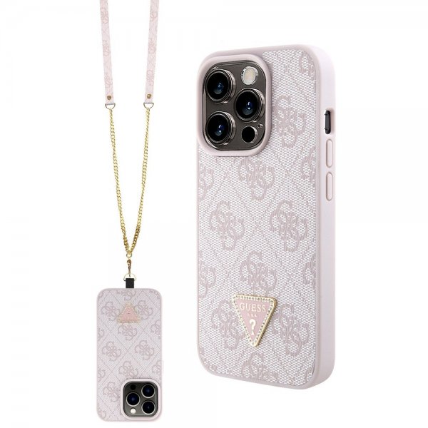 Guess iPhone 15 Pro Kuori Metal Logo Strass Crossbody Strap Ruusu