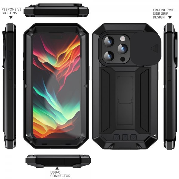R-JUST iPhone 15 Pro Kuori Metalli Iskunkestävä Kameran Suoja Musta
