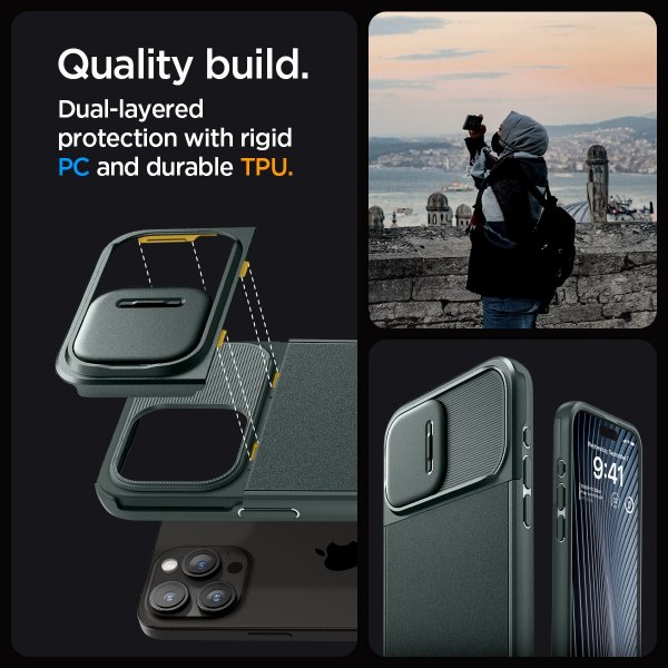 Spigen iPhone 15 Pro -suojakuori Optik Armor MagFit Abyss Green