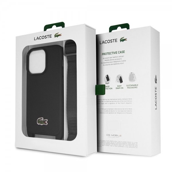 Lacoste iPhone 15 Pro -suojakuori Petit Pique Logo Strap, musta