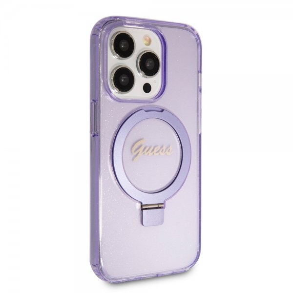 Guess iPhone 15 Pro Max Kuori Sormusteline Glitter MagSafe Violetti