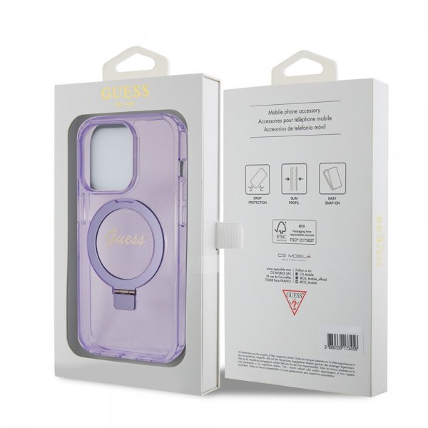 Guess iPhone 15 Pro Max Kuori Sormusteline Glitter MagSafe Violetti