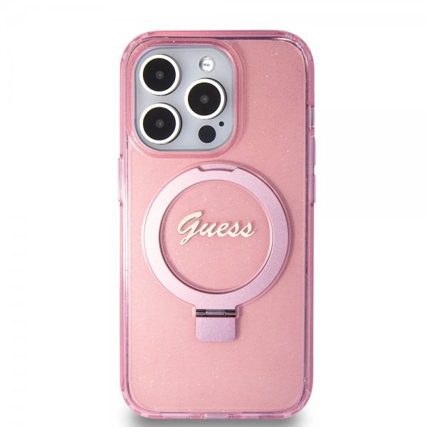 Guess iPhone 15 Pro -kuori Ring Stand Glitter MagSafe Rose