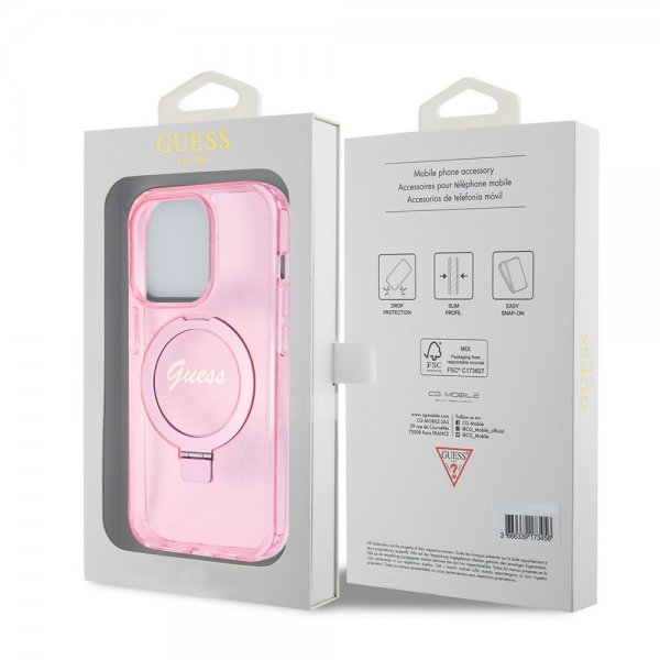 Guess iPhone 15 Pro -kuori Ring Stand Glitter MagSafe Rose