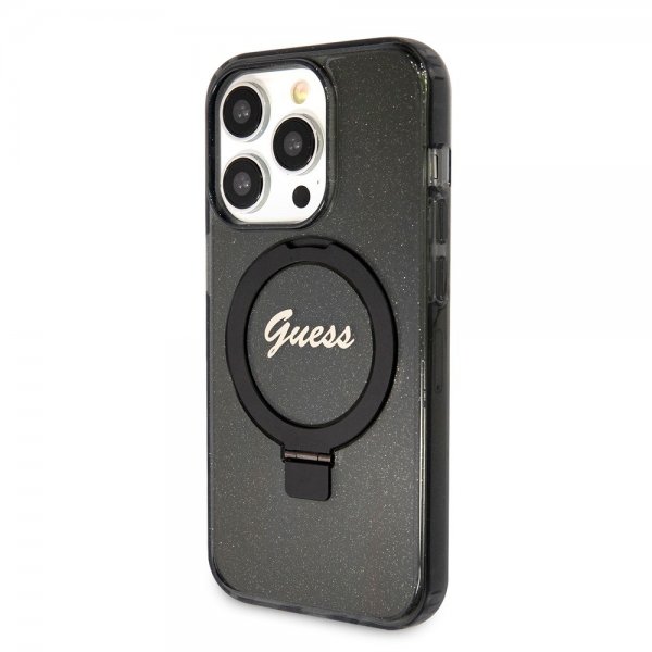 Guess iPhone 15 Pro Kuori Sormusteline Glitter MagSafe Musta