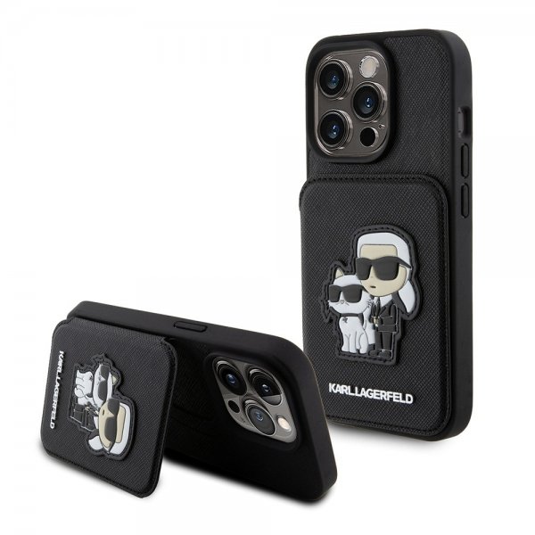 Karl Lagerfeld iPhone 15 Pro -suojakuori, Saffiano, korttipaikat ja teline, musta