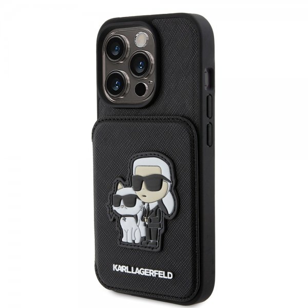 Karl Lagerfeld iPhone 15 Pro -suojakuori, Saffiano, korttipaikat ja teline, musta