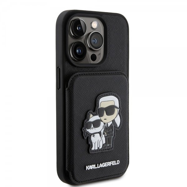 Karl Lagerfeld iPhone 15 Pro -suojakuori, Saffiano, korttipaikat ja teline, musta
