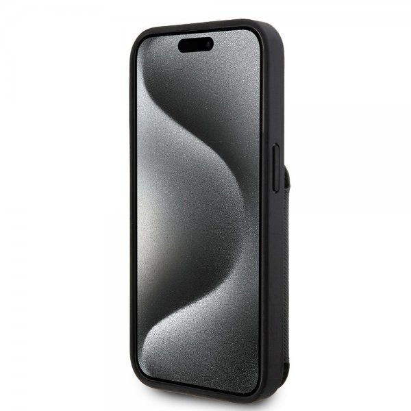 Karl Lagerfeld iPhone 15 Pro -suojakuori, Saffiano, korttipaikat ja teline, musta