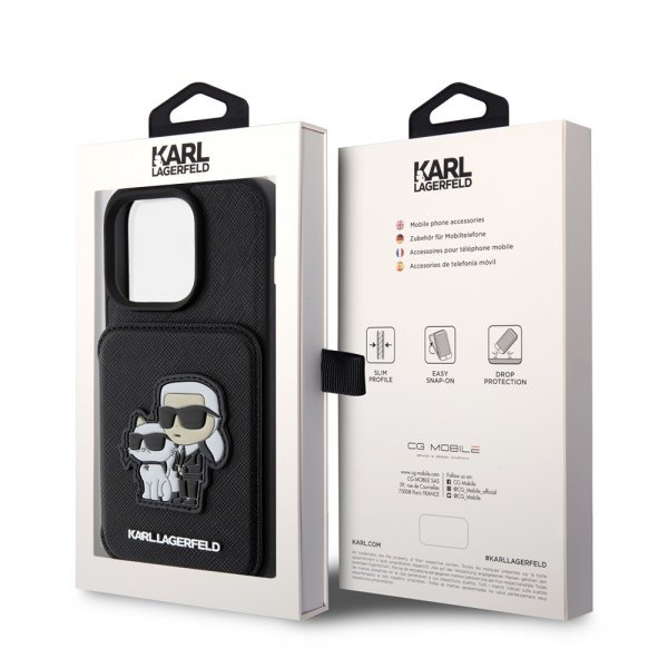 Karl Lagerfeld iPhone 15 Pro -suojakuori, Saffiano, korttipaikat ja teline, musta