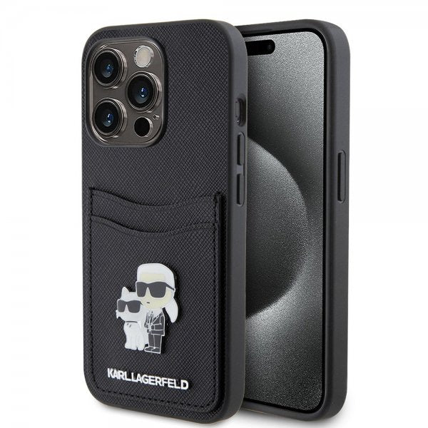 Karl Lagerfeld iPhone 15 Pro Kuori Saffiano Double Cardslot Musta