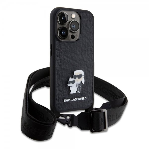 Karl Lagerfeld iPhone 15 Pro -kuori Saffiano Karl & Choupette Crossbody musta