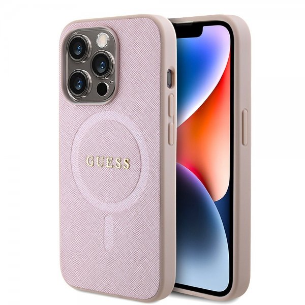Guess iPhone 15 Pro -kuori Saffiano MagSafe - Vaaleanpunainen