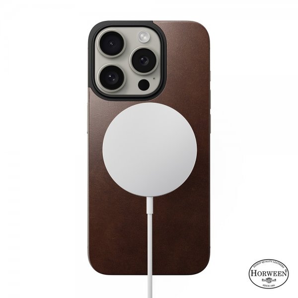 Nomad iPhone 15 Pro Skin Magnetic Leather Back Horween Rustic Brown