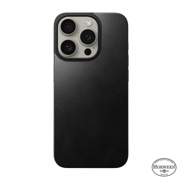 Nomad iPhone 15 Pro Skin Magnetic Leather Back Horween Musta