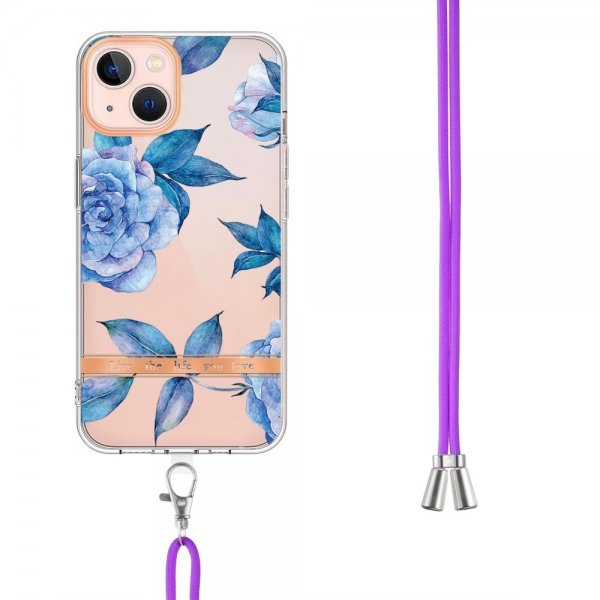 iPhone 15 Kuoret Kukka Pattern Strapilla Sininen Pioni