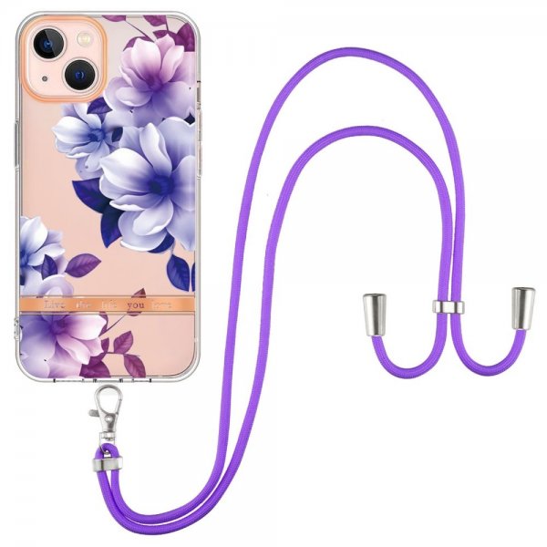 iPhone 15 Kuoret Kukka Kuviolla ja Hihnalla Liila Begonia