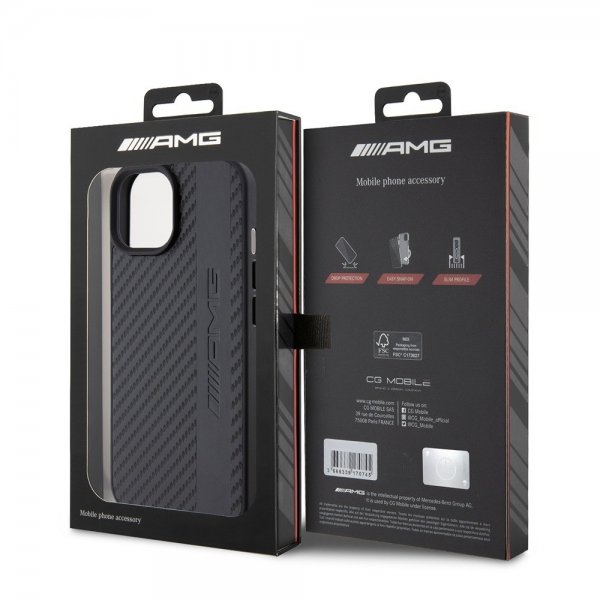 Mercedes Benz iPhone 15 Kuori Carbon Effect Leather Stripe AMG Musta