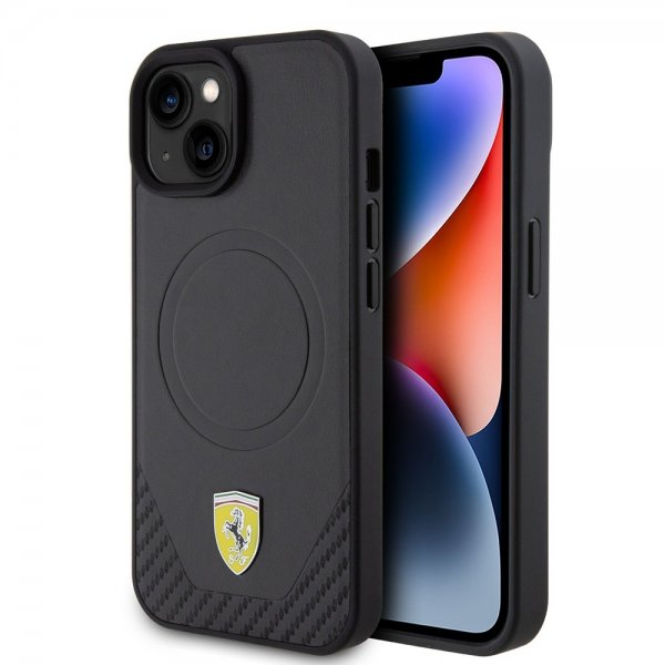 Ferrari iPhone 15 Kuori Carbon PU Nahka MagSafe Musta