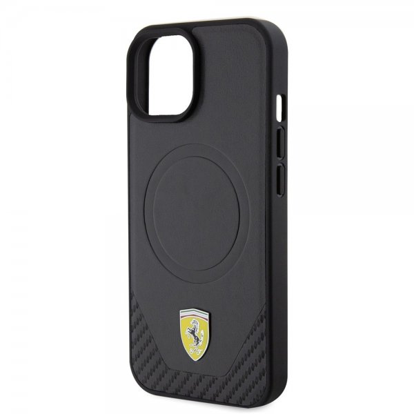 Ferrari iPhone 15 Kuori Carbon PU Nahka MagSafe Musta