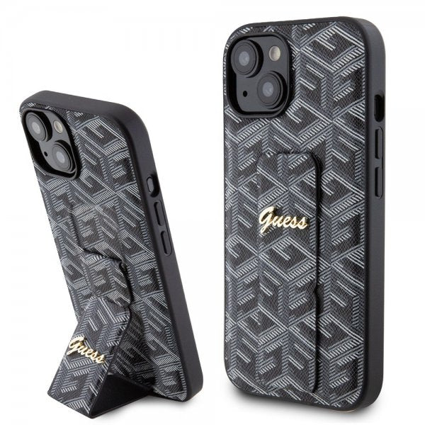 Guess iPhone 15 Kuoret G Cube Grip Stand Musta