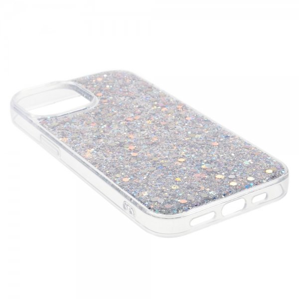 iPhone 15 -kuori, hopeiset glitterpaljetit
