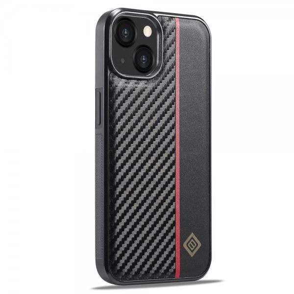 Lc.Imeeke iPhone 15 Kuoret Hiilikuitukuvio Punainen Raita Musta