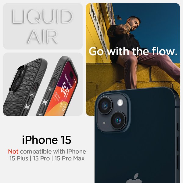 Spigen iPhone 15 -kuori, Liquid Air, mattamusta